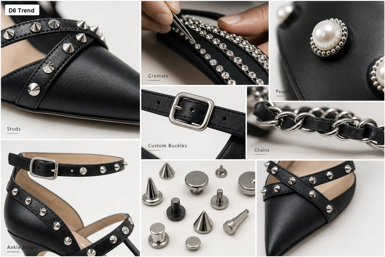 Custom high heel embellishments and hardware including studs crystals pearls buckles chains and ankle straps