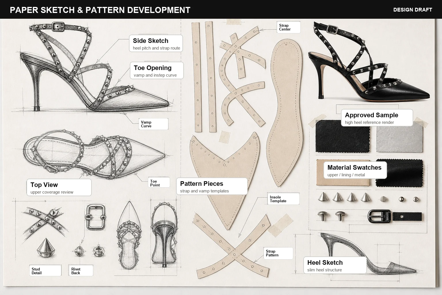 Paper sketch and pattern breakdown for custom studded slingback high heels