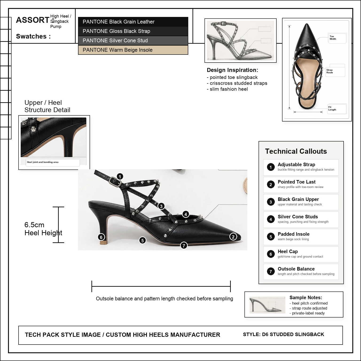 D6 studded slingback technical spec sheet with 6.5 cm heel height