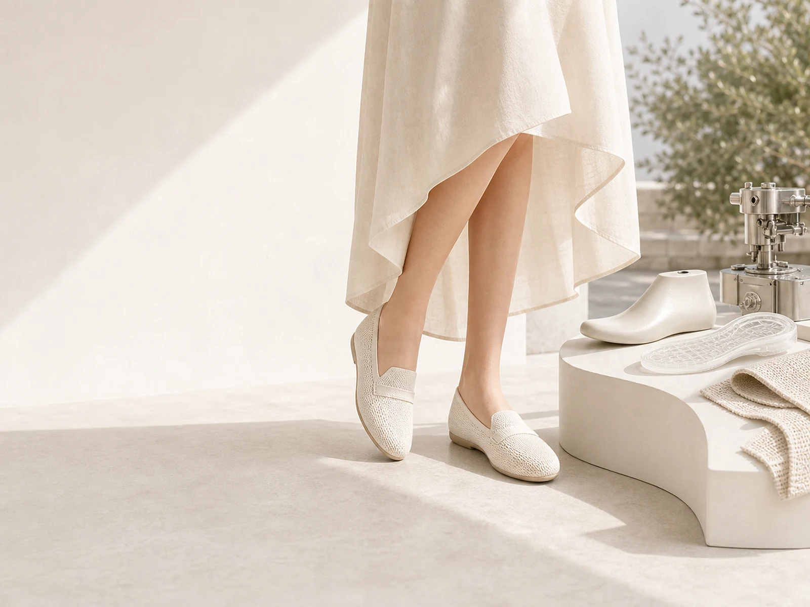 Fashion model wearing ivory knit loafers in a footwear design atelier